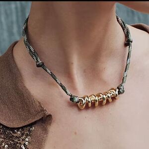 NWOT Olive Green & Gold Geometric Mod Cord Statement Necklace (1060)